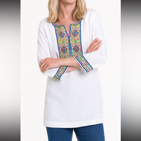 John Mark Linen Tunic White With Multicolor Embroidered Excellent Size S - Picture 12 of 13